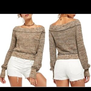 Off-Shoulder Brown Marled Knit Sweater
